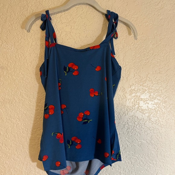 Modcloth Tank Top Womens Medium Blue Cherry Bomb Print Coquette 90 Kidcore Retro - Picture 9 of 14
